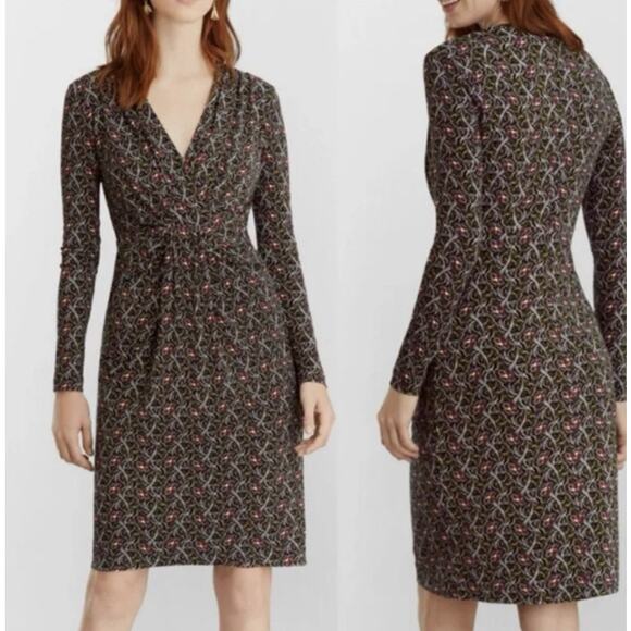 Brooks Brothers Violette-Print Navy Surplice Jersey Faux Wrap Jersey Dress XL - Picture 1 of 14